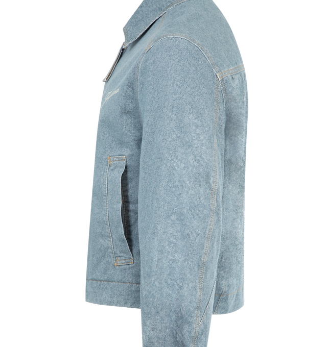 Image 3 of 3 - BLUE - JACQUEMUS Zipped Denim Jacket featuring boxy fit, washed cotton denim, pointed collar, contrast bartacks, zipped closure with long puller, laser-printed logo on the chest, long sleeves, large welt pockets, contrast horn buttoned cuffs, embroidered patch on the back and back yoke. Cotton. Made in Italy. 