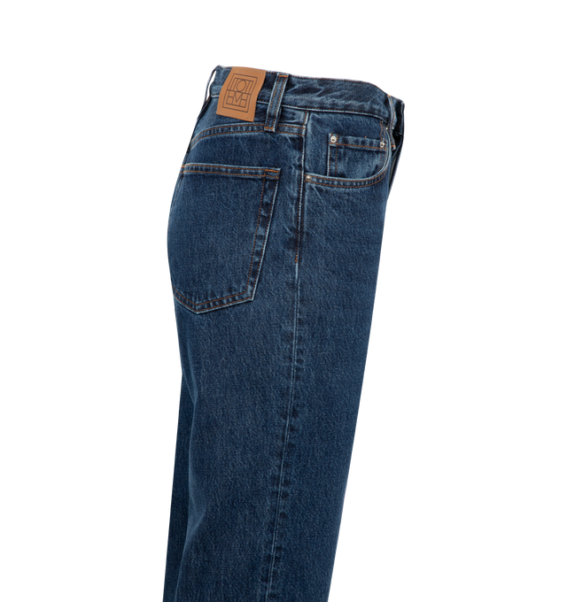 Image 2 of 2 - BLUE - TOTEME CLASSIC CUT DENIM FULL LENGTH featuring button fly, silver-tone hardware, belt loops, five pockets and monogram leather patch. 100% organic cotton. 