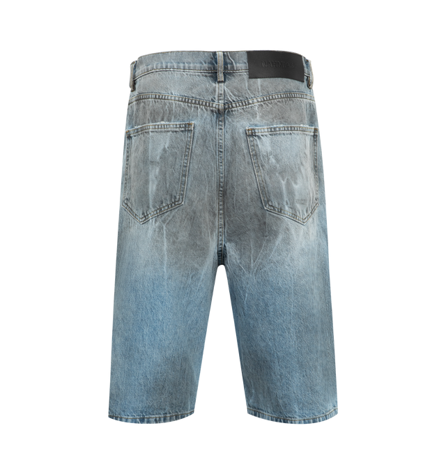 Image 2 of 3 - BLUE - NAHMIAS Thrashed Baggy 5 Pocket Shorts featuring five pocket styling, baggy fit, button closure, belt loops and distressing throughout. 100% cotton.  