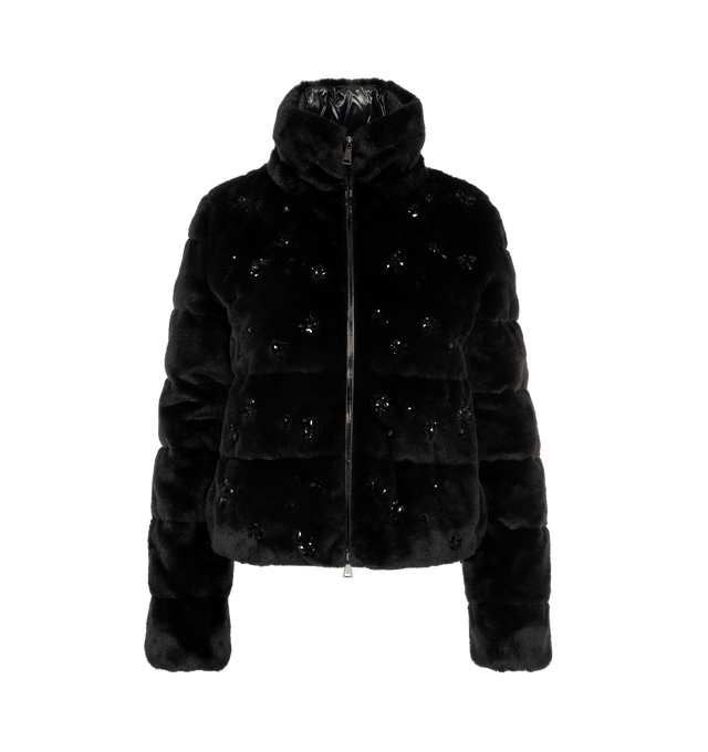 Image 2 of 4 - BLACK - MONCLER Andronne Sequin-Embroidered Hooded Short Down Jacket featuring faux fur, nylon laqu lining, down-filled, detachable hood, zipper closure, zipped pockets, elastic cuffs and hem and logo patch. 100% polyester. Lining: 100% polyamide/nylon. Padding: 90% down, 10% feather. Made in Italy. 