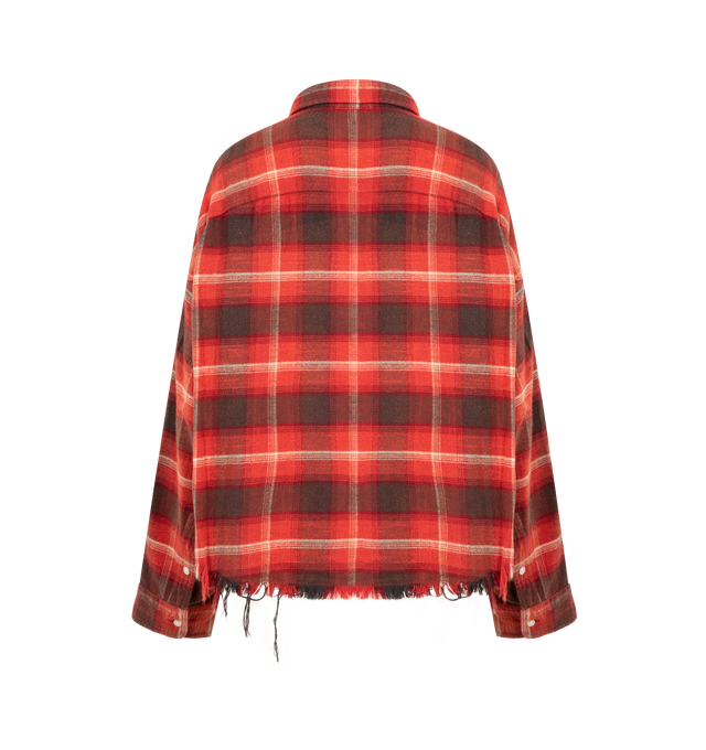 Image 2 of 2 - RED - R13 Cropped Work Shirt featuring spread collar, long sleeves, button cuffs, chest button-through flap pockets, frayed hem and button-front closure. 100% cotton. 