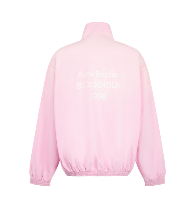Image 2 of 3 - PINK - Acne Studios Mens Technical Jacket is crafted from cotton poplin. Features a relaxed fit, high collar, two-way zip closure, side seam zip pockets, elasticized cuffs and hem, mesh lining, and Acne Studios 1996 logo stamp artwork. Main Material: 100% Cotton; Lining: 82% Nylon, 18% Elastane. Made with organically grown cotton and recycled nylon lining. Made in Portugal. 