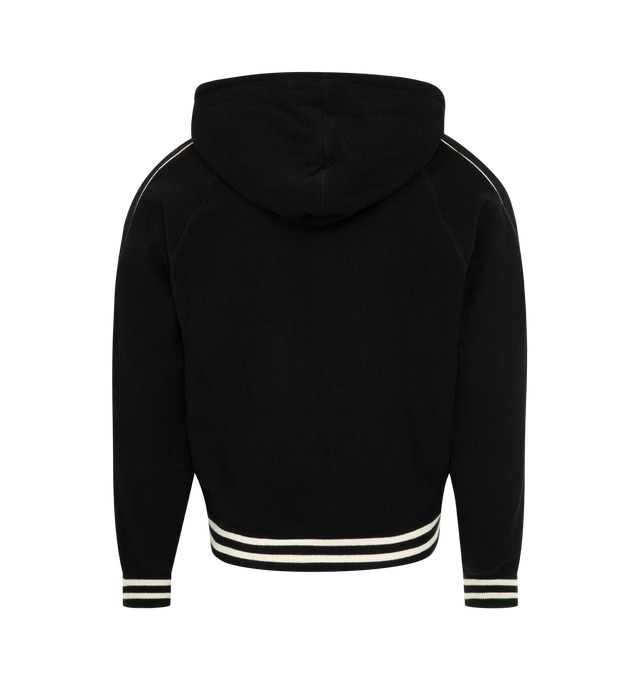 Image 2 of 3 - BLACK - WALES BONNER Prince Hoodie featuring ribbed cotton-blend terry, striped details and monogram embroidery on the front, two-way zipped closure, drawstring hood and slant pockets. 88% cotton, 12% polyamide. Made in Portugal. 