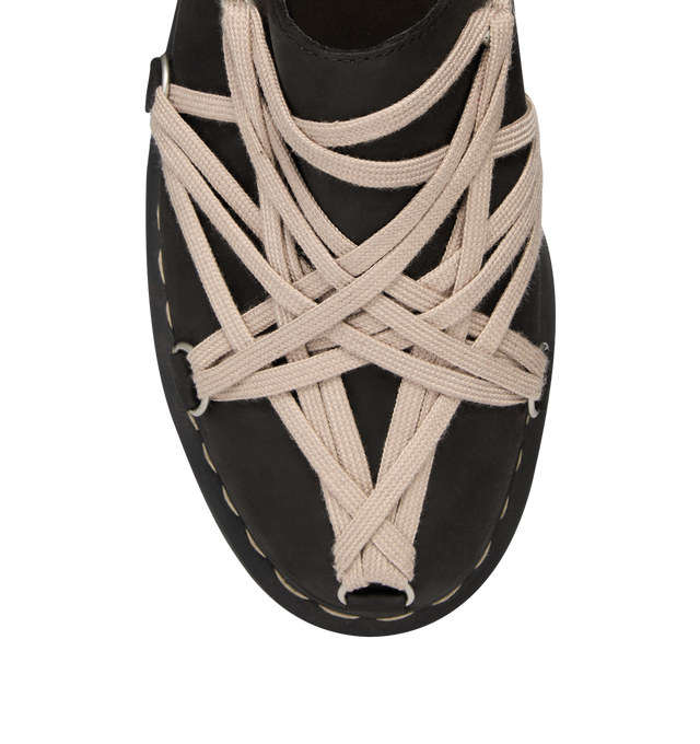 Image 7 of 7 - BLACK - Dr. Martens x Rick Owens FW26 Quad Sole Megalace Mule in Nubuck Leather. These Men's Dr. Martens mules are reimagined by Rick Owens and feature pearl Megalace lacing and palladium-finish hardware, including eyelets and hooks. They are finished with a Quad sole and a yellow and pearl welt stitch. This heavyweight nubuck cow leather has a flat, matte surface finish and an oily handfeel. Material: Upper: 100% Cow Leather; Upper Lining: 100% Cow Leather; Sole: 100% Polyvinyl Chloride. *Si 