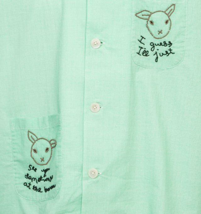 Image 3 of 3 - GREEN - BODE See You at the Barn Short Sleeve Shirt featuring spread collar, short sleeves, button front and hand-beading "I guess I'll just see you sometime at the barn" slogan. 100% cotton. Made in India. 