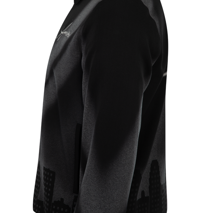 Image 3 of 3 - BLACK - AMIRI Spotlight Jacket featuring zip front closure, classic collar, tonal skyline graphic, logo on front and back, snap button cuffs and side pockets.  