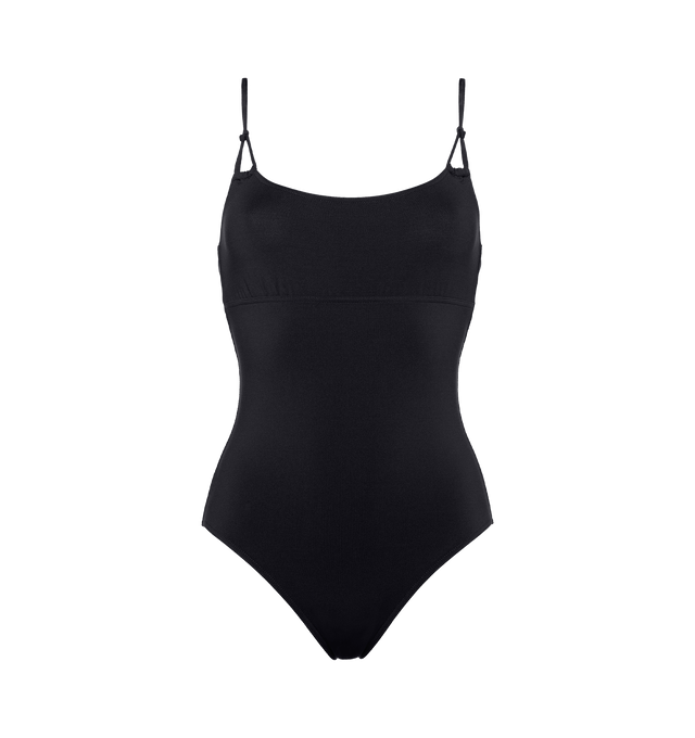 Image 1 of 5 - BLACK - ERES Electro Tank One-Piece Swimsuit featuring non-adjustable spaghetti straps detailed with front knotted loops, an underbust seam and a round neckline. 84% Polyamid, 16% Spandex. Made in Morocco. 