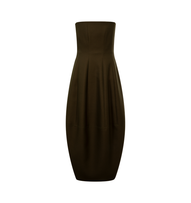 Image 1 of 2 - GREEN - Khaite Womens Strapless Stela Dress is crafted from wool silk cady. Features a strapless neckline, slim-fitting corset-inspired bodice, contoured waist, and voluminous rounded skirt that gently tapers toward the hem. Main Material: 74% Wool, 26% Silk. Dry clean. Made in Italy. 