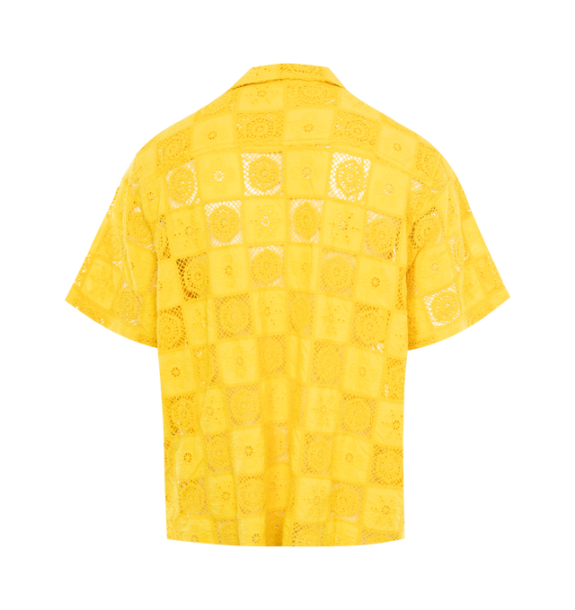 Image 2 of 2 - YELLOW - COUT DE LA LIBERTE Robbie Embroidered Laser-Cut Shirt featuring embroidered laser-cut design, notched collar, button front closure, chest patch pocket, relaxed fit and short sleeves. 100% cotton. Made in USA. 