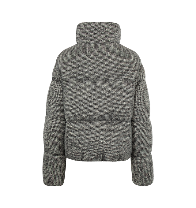 Image 2 of 3 - GREY - MONCLER Careil Wool Boucl Short Down Jacket featuring boucl wool, longue saison lining, down-filled, collar with teddy lining, zipper closure, zipped pockets and leather logo patch. 60% wool, 20% lyocell, 20% polyamide/nylon. Lining: 100% polyamide/nylon. Padding: 90% down, 10% feather. 