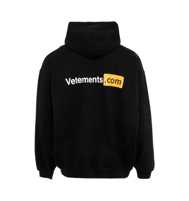 Image 2 of 4 - BLACK - VETEMENTS relaxed fit sweatshirt with drawstring hood, long sleeves, logo print at the chest and back, front pouch pocket, ribbed cuffs and hem.  80% Cotton20% Polyester. 