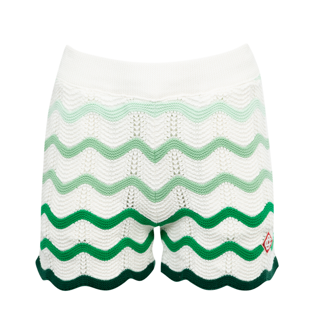 WHITE - CASABLANCA Wavy Gradient Crochet Shorts featuring elasticated waistband, wavy stripe pattern and logo patch to the front. 100% cotton. 