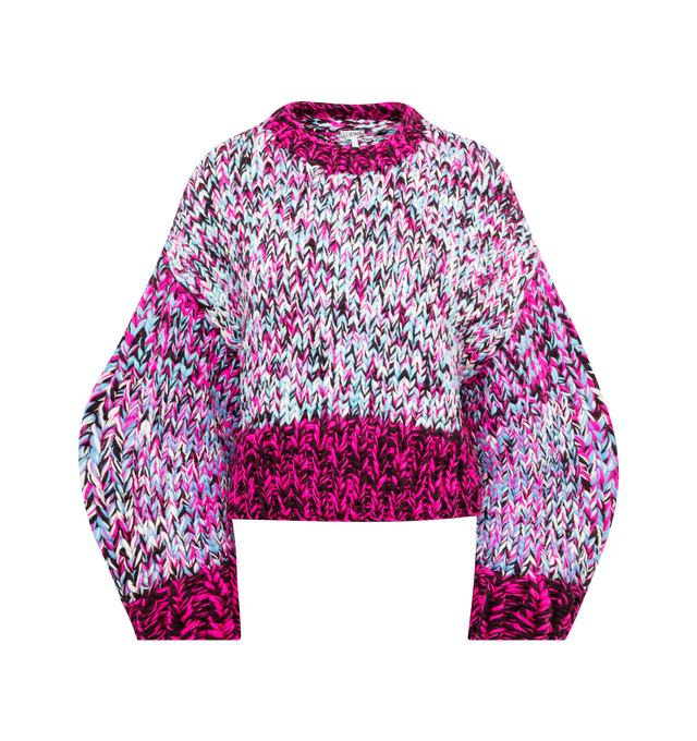 Image 1 of 2 - PINK - Loewe handcrafted multi-color pink yarn mix knit sweater crafted in medium-weight chunky wool moulin knit. Features a relaxed fit, short length, round neck, contrast collar, cuffs and hem, dropped shoulders and balloon sleeves. Made in Republic of Macedonia. 
