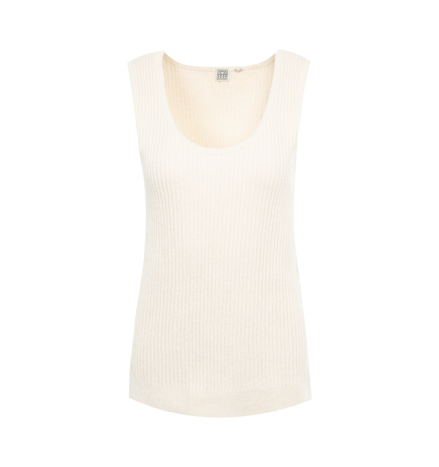 Image 1 of 2 - WHITE - TOTEME Textured Rib Tank featuring chunky rib, regular fit, scoop neck and sleeveless. 70% cotton organic, 30% polyamide.