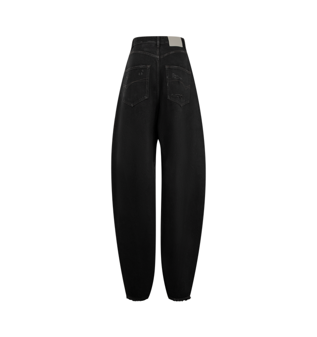 Image 2 of 3 - BLACK - Balenciaga Women's High Waist Barrel Twisted Seam Pants are crafted from organic Japanese denim and feature a barrel-leg silhouette with curved construction and twisted seams. Designed with a high-rise waist, distressed detailing, a covered button fly, six belt loops, two front slash pockets, and two open back pockets, these jeans are finished with Balenciaga-engraved buttons and a grey Balenciaga logo leather patch at the back. Main Material: 100% Cotton. Pocket Lining: 100% Cotton.  