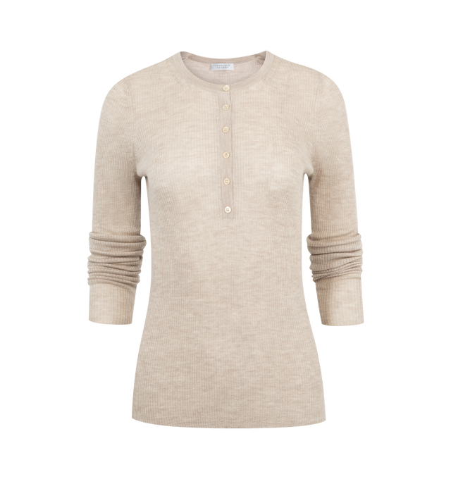 Image 1 of 2 - NEUTRAL - GABRIELA HEARST Julian Knit Henley featuring crewneck, partial button-up closure, long sleeves and ultra-thin. 70% cashmere, 30% silk. 