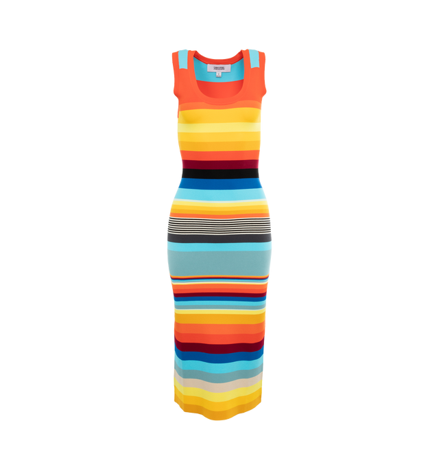 Image 1 of 3 - MULTI - CHRISTOPHER JOHN ROGERS Striped Tank Dress featuring stretch-design, fine knit, horizontal stripe pattern, scoop neck, sleeveless, fitted waistline, pencil silhouette, straight hem and ankle-length. 83% viscose, 17% elastane. 