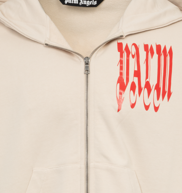 Image 3 of 4 - NEUTRAL - PALM ANGELS Logo Vertigo Zipped Hoodie featuring front zipper and pouch pocket, gothic lettering printed on front, sleeves and back. 100% cotton.  