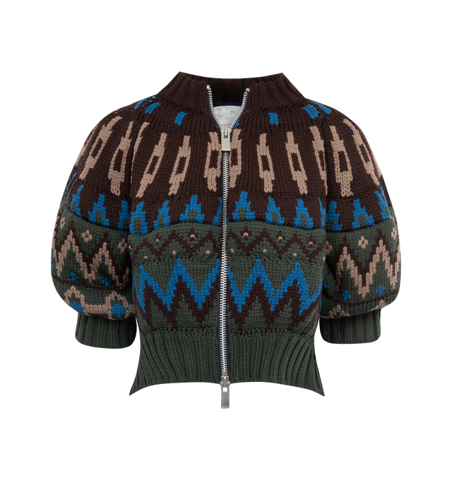 MULTI - SACAI Dolman Sleeve Sweater featuring knit polyester sweater, jacquard graphic pattern throughout, rib knit crewneck, hem, and cuffs, two-way zip closure, press-stud tab at open side seams, dolman sleeves and mesh lining. 100% polyester. Made in China.