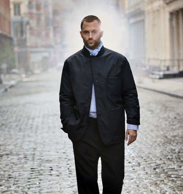 Image 2 of 4 - NAVY - Moncler Monges Jacket has a band collar, a snap button front closure, snap button cuffs, front patch pockets, and a chest patch pocket. 90% down, 10% feathers. 100% polyester.  