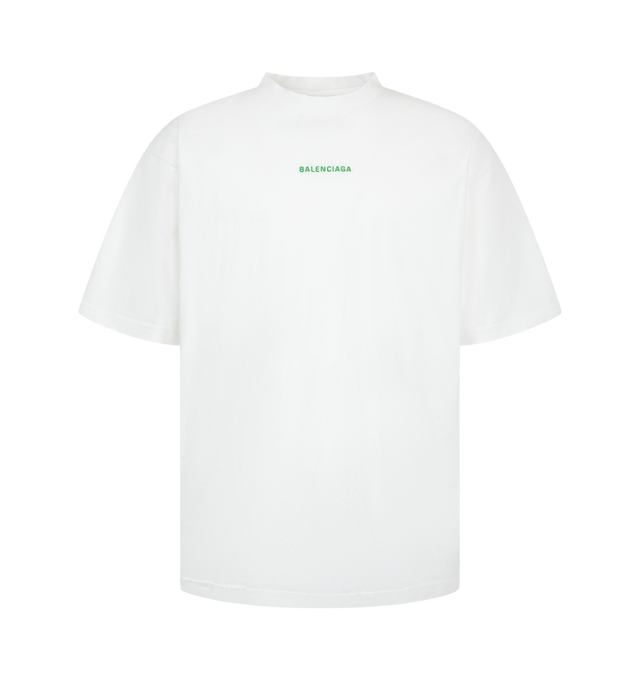 Image 1 of 2 - WHITE - Balenciaga Men's Medium Fit T-Shirt is crafted from dry cotton jersey and features a crewneck, short sleeves, and Balenciaga Back artwork embroidered at the front and back. Main Material: 100% Cotton. Trimming: 99% Cotton, 1% Elastane. Embroidery: 100% Polyester. Made in Portugal. 