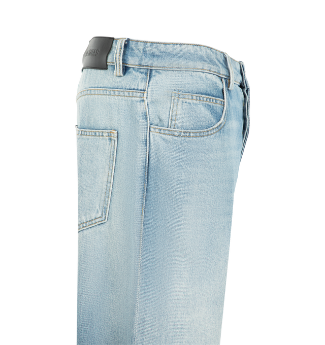 Image 3 of 4 - BLUE - Nahmias Men's Split Seam Straight Leg Jeans are crafted from 100% cotton denim and feature a classic straight-leg silhouette with distinctive split-seam detailing. Finished with a signature Summerland label at the split seam, these designer jeans reflect Nahmias' laid-back Los Angeles aesthetic with a contemporary approach to everyday denim. Main Material: 100% Cotton. Fit: Straight Leg. Detail: Summerland Label at Split Seam. Care: Machine Wash Cold. Designed in Los Angeles. 