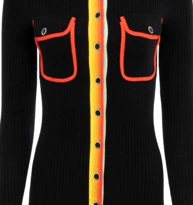 Image 4 of 6 - BLACK - CHRISTOPHER JOHN ROGERS Ribbed Stripe Polo Dress featuring colorful striped details and contrast trimming, spread collar, button front closure, long sleeves, button cuffs, front patch pockets, full length and A-line silhouette. Wool/nylon/polyamide/viscose. 