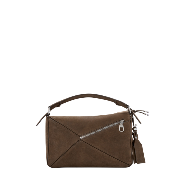 Image 2 of 5 - BROWN - LOEWE Small Featherlight Puzzle bag in grained nubuck featuring distinctive geometric lines and cuboid form, shoulder, crossbody or hand carry, detachable and adjustable strap with rotating dogclips, zip closure with articulated pull, one external zipped rear pocket, one internal slip pocket, detachable LOEWE embossed tag with secret pocket and balloon dice, baguette-shaped metal feet, nappa lambskin lining and embossed Anagram, LOEWE engraved internal plaque. Grained nubuck. 16.5 cm  