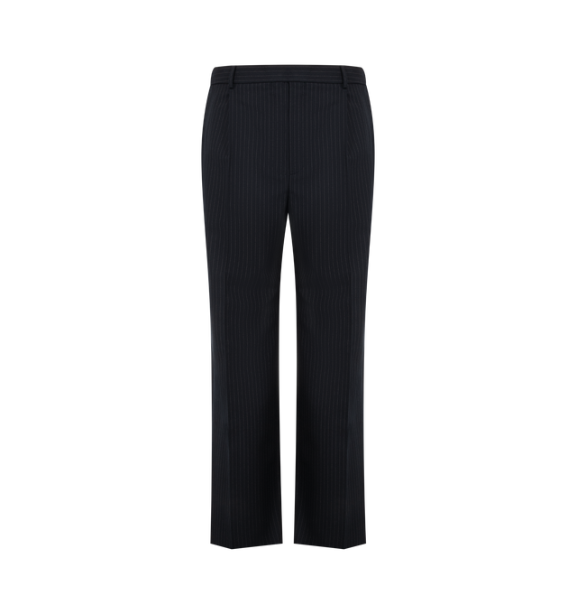 Image 1 of 3 - BLUE - Saint Laurent Mens Tailored Pants are crafted from certified virgin wool. Feature a high-rise waist, slim straight-leg silhouette, concealed hook, button, and zip closure, belt loops, front slash pockets, back welt pockets, and pressed center creases. Main Material: 100% Virgin Wool. Made in Italy. 