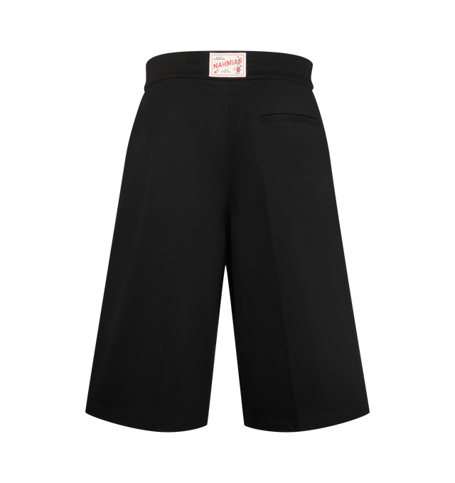 Image 2 of 3 - BLACK - Nahmias Men's Oversized Board Short is crafted from cotton and features an oversized wide-leg silhouette, a swim trunk-inspired waist closure, and a signature Nahmias tag at the back waistband. Designed in Los Angeles, this relaxed style combines casual tailoring with board short-inspired detailing. Main Material: 100% Cotton. Designed in Los Angeles. 