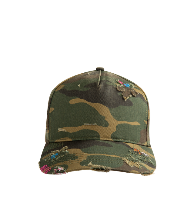 Image 1 of 2 - GREEN - Nahmias Unisex Camo Gardener Trucker Hat features a camo print with rainbow stitching details and signature Nahmias embroidery at the back. Designed in Los Angeles, this trucker-style cap is finished with an adjustable snap closure for a customizable fit.  