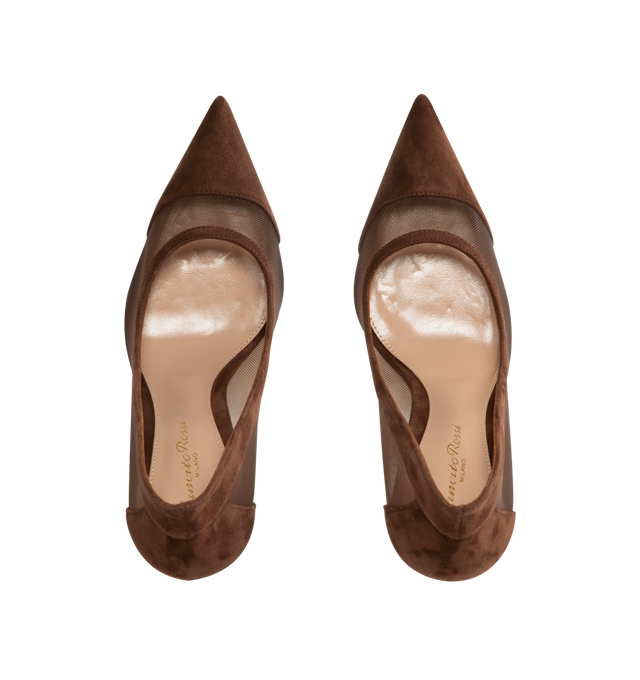 Image 4 of 4 - BROWN - Gianvito Rossi Womens Pumps are crafted from suede and mesh. Feature a pointed toe, stiletto heel, leather and fabric lining, and leather sole. Main Material: Suede, Mesh; Lining: Leather, Fabric; Sole: Leather. Made in Italy. 