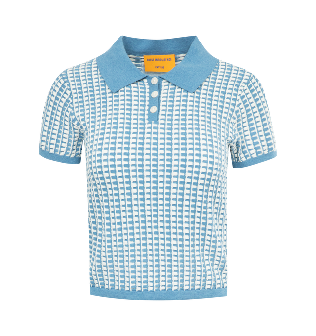 BLUE - GUEST IN RESIDENCE Gingham Shrunken Polo featuring short sleeves, polo shirt collar with three-button front placket, two-color textured gingham stitch and signature GIR branding at center back neck. 100% cotton.