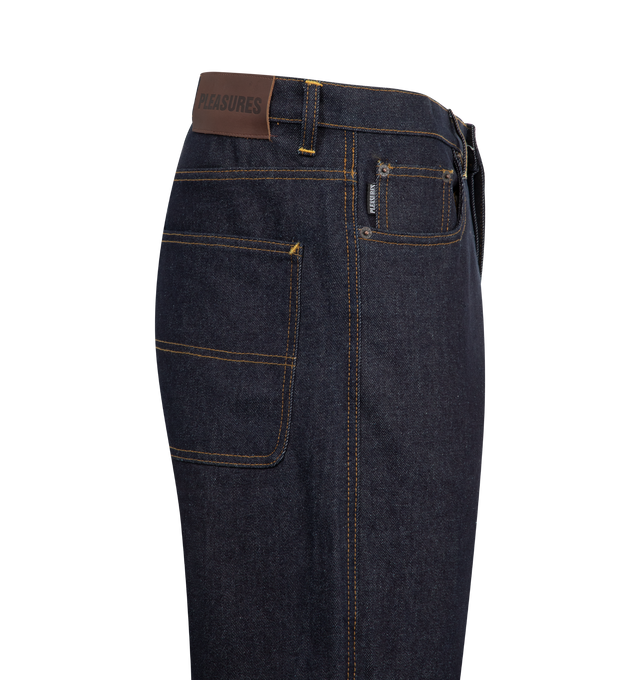 Image 3 of 3 - BLUE - PLEASURES Formula Baggy Denim featuring button fly, belt loops on waistband, 5-pocket design, contrast stitching and baggy fit. 100% cotton.  