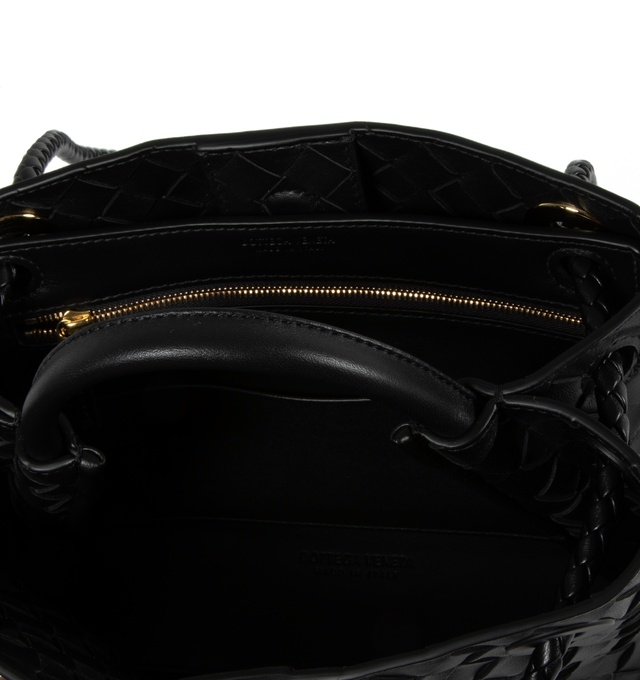 Image 3 of 3 - BLACK - BOTTEGA VENETA Small Andiamo handbag featuring intrecciato leather with leather top handle, sliding cross-body strap, compartmented interior with one zippered pocket, two open pockets and magnetic closure. 7.9" x 9.8" x 3.9". 100% lambskin. Made in Italy. 