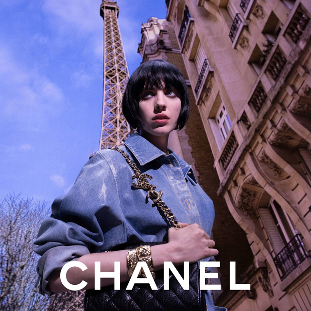 CHANEL Fall-Winter 2024/25 Ready-to-Wear Collection featuring Actress and House ambassador Margaret Qualley sports a black silhouette with golden touches  