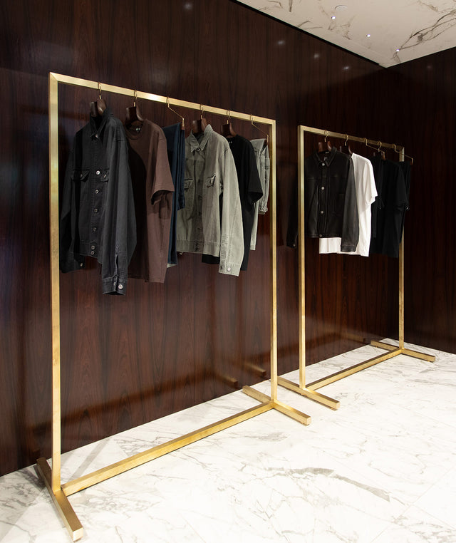 A.PRESSE shop in Hirshleifers- brass clothing rack with A.PRESSE menswear 