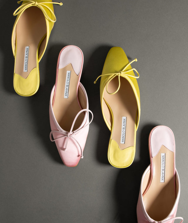 Manolo Blahnik Satin Bow Ballerina Flats in pink and yellow 