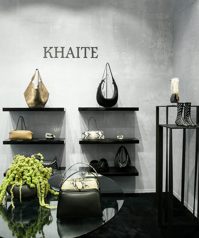 Khaite shop-in-shop at HIrshleifers showcasing leather handbags and accessories 