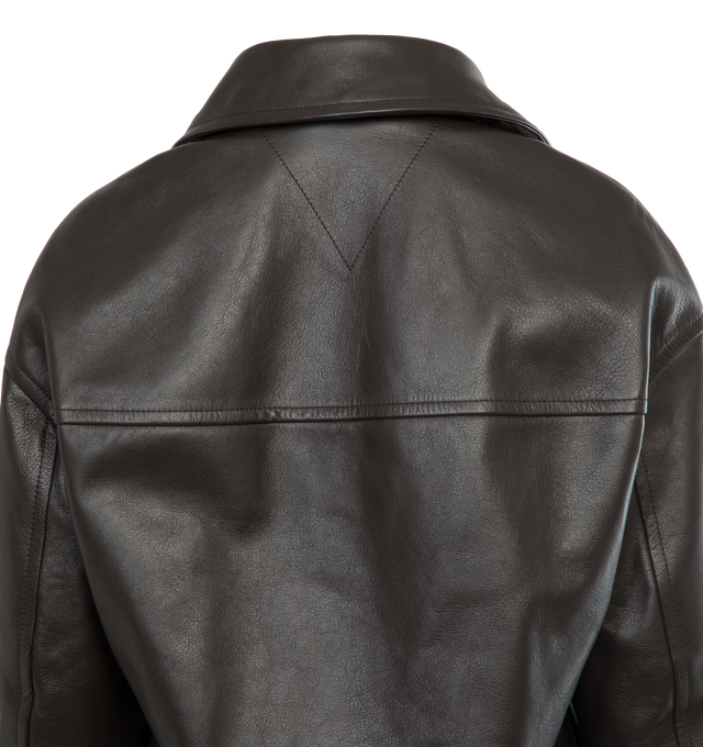 Image 4 of 4 - BLACK - BOTTEGA VENETA Removable Shearling Collared Jacket featuring covered button closure, two front pockets and removable fur collar. 100% cowhide leather. 100% lamb fur. 