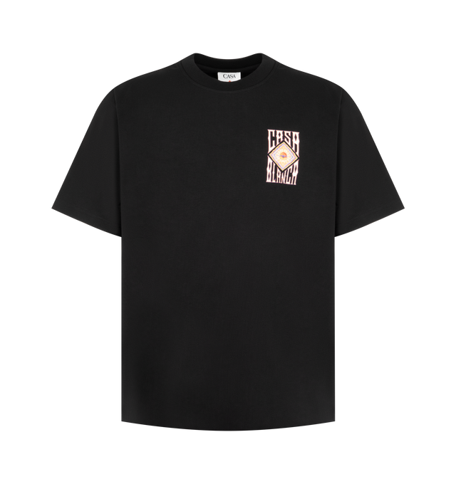 Image 1 of 2 - BLACK - Casablanca Men's Hermons Mirage Printed Classic T-Shirt is crafted from premium organic cotton and features a relaxed silhouette with a classic crew neckline and seasonal Hermons Mirage graphic print inspired by dreamlike landscapes and vibrant travel destinations. This designer graphic T-shirt combines exceptional everyday comfort with Casablanca's signature luxury sportswear aesthetic, creating a bold statement piece with artistic appeal. Main Material: 100% Organic Cotton. Made in  