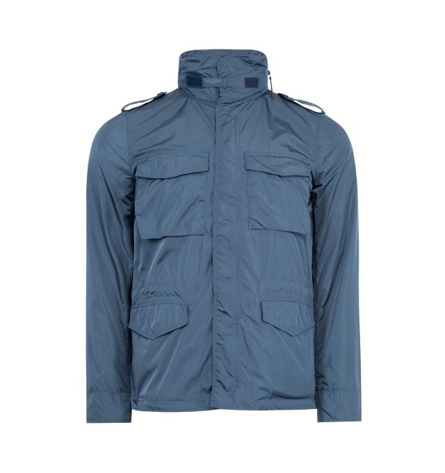 Image 1 of 4 - BLUE - ASPESI Minifield Shell Jacket featuring front press-stud and zip fastening, epaulettes, long sleeves with touch-strap cuffs, two chest patch pockets, and two front flap pockets, internal drawstring fastening at waist and straight hem with an elasticated-drawstring. 100% polyamide. 