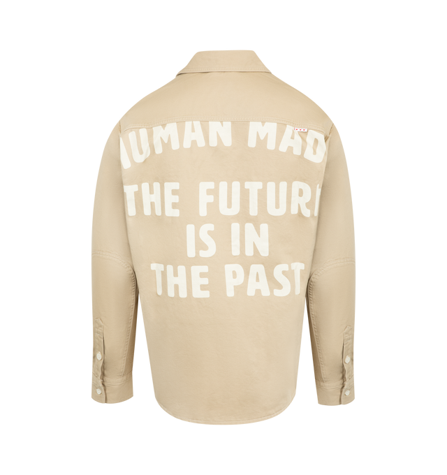 Image 2 of 2 - BROWN - HUMAN MADE Oversized Shirt featuring work shirt with a wide fit, light, tough cotton twill fabric, heart button on the left chest pocket, chain stitching above the left chest pocket, elbow patches on both sleeves and printed graphic on the back. 100% cotton. 