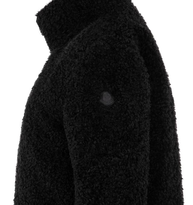 Image 3 of 3 - BLACK - MONCLER Bridoire Faux Shearling Bomber Jacket featuring two-way front-zip closure, stand collar, front welt pockets and lined with down fill. 100% polyester faux shearling. 