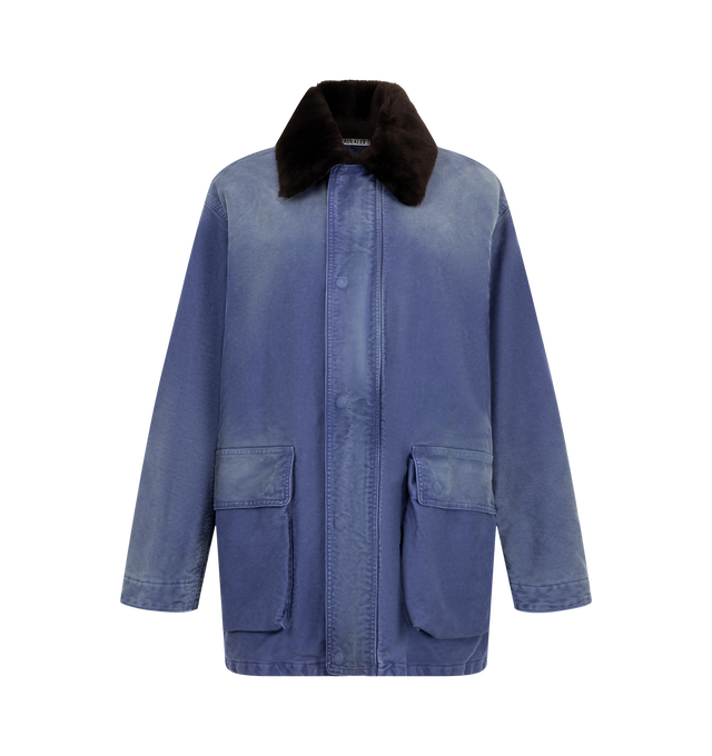 Image 1 of 3 - BLUE - Auralee Women's Garment-Dyed Organic Cotton Heavy Moleskin Blouson is crafted from densely woven organic cotton heavy moleskin and features an oversized silhouette, quilted lining, and a front zip closure. Garment-dyed and carefully hand-finished, each piece develops a subtle vintage character with unique tonal variations and texture. Designed to age beautifully over time, the fabric gains depth and individuality through wear, making it a distinctive everyday outerwear style. Main Mate 