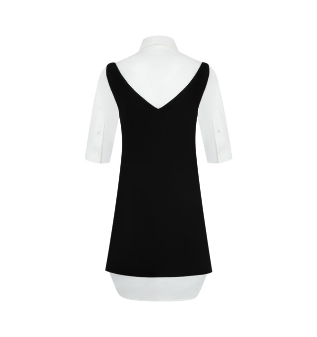 Image 2 of 2 - BLACK - BALENCIAGA Hybrid Shirt Dress in wool and silk blend featuring hybrid construction: mini dress layered over a short-sleeve shirt, front and back V-neckline, shirt collar, mother-of-pearl button front closure underneath, fitted waist, rounded shirt hem and invisible size zip. 80% wool, 20% silk. 100% cotton. Lining: 100% cupro.  Made in Italy. 