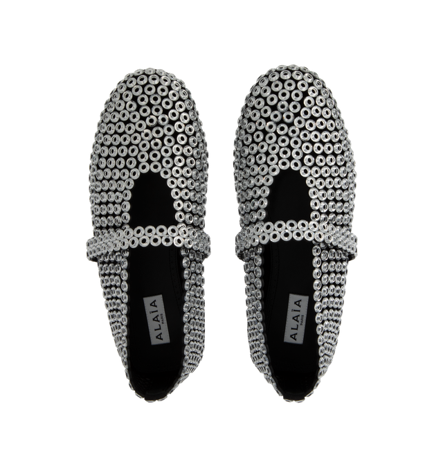 Image 4 of 4 - WHITE - ALAA signature ballet flats inspired by classical Japonese shoes featuring elasticated strap on top, round toes, rubber sole, suede goatskin leather perforated and embroidered with glass eyelets. Made in Italy. 