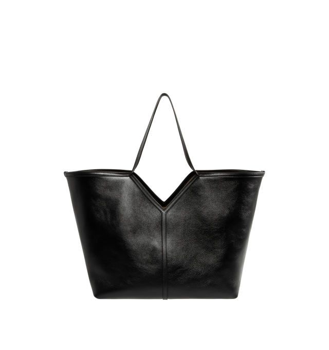 Image 1 of 3 - BLACK - SAINT LAURENT Y Slim Tote Bag featuring finely grained calfskin leather, bronze-tone hardware, stitched Y signature, dual top handles; 10.8" drop, open top and interior, one zip pocket and one keyring carabiner tab. 23.6"W x 13.4"H x 7.5"D. Made in Italy. 