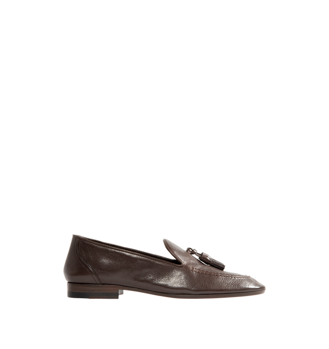 Image 1 of 4 - BROWN - The Row Women's Caden Loafers are crafted from softly grained calfskin leather in deep brown and feature an almond toe, tassel detailing, and a stacked heel. Upper: 100% Calfskin Leather. Sole: Calfskin Leather. Heel Height: 1.5 cm / 0.6 in. Made in Italy. 