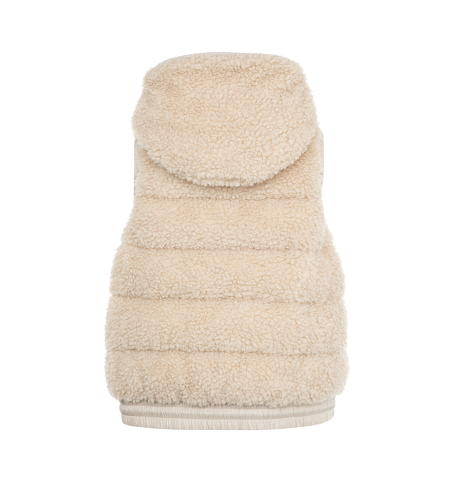 Image 2 of 3 - WHITE - MONCLER Padded Teddy Zip-Up Vest featuring teddy fleece, nylon laqu trim, nylon laqu lining, down-filled, adjustable hood, zipper closure, zipped pockets and hem with elastic drawstring fastening. 100% polyester. 100% polyamide/nylon. Padding: 90% down, 10% feather. 